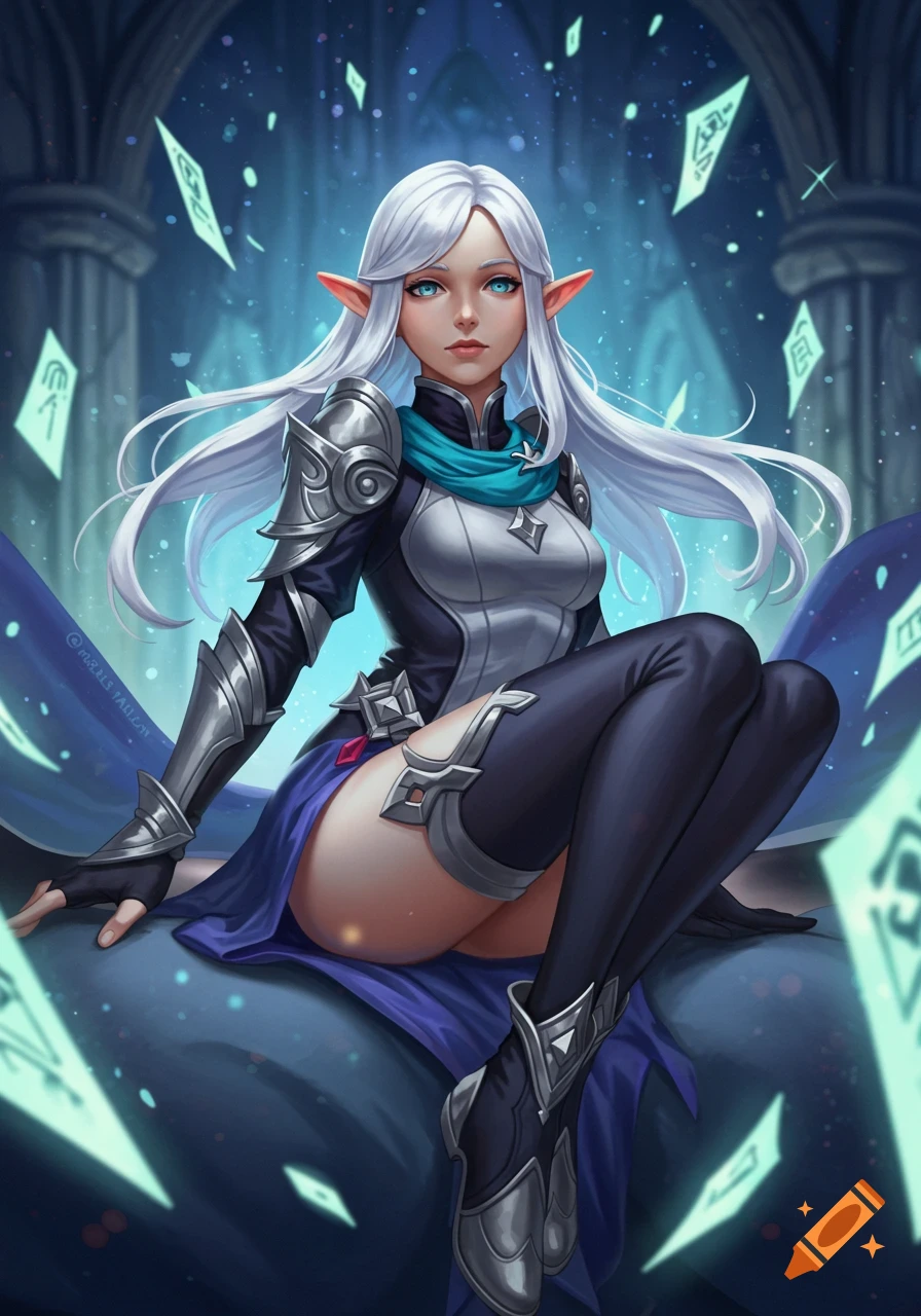 White-haired female elf in silver and blue fantasy armor sits in a magical hall with floating glowing cards, digital art.