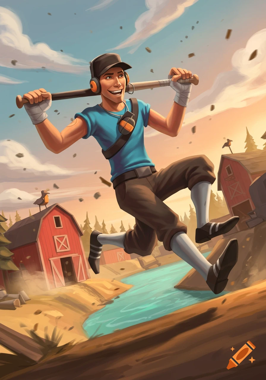 Scout from Team Fortress 2 runs across a rural landscape holding a baseball bat. Stylized cartoon art.