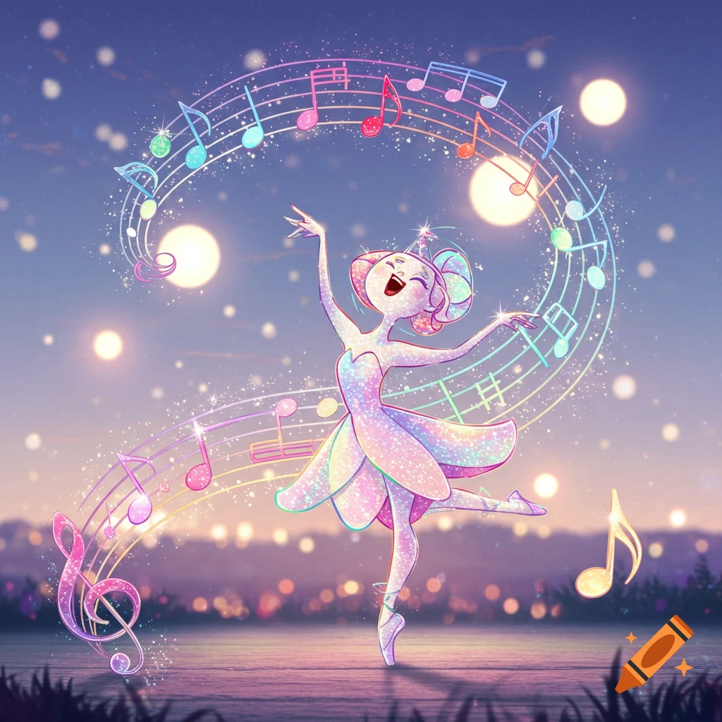 A joyful glittery cartoon ballerina dances en pointe surrounded by a swirling rainbow musical staff and notes in a magical, starry landscape.
