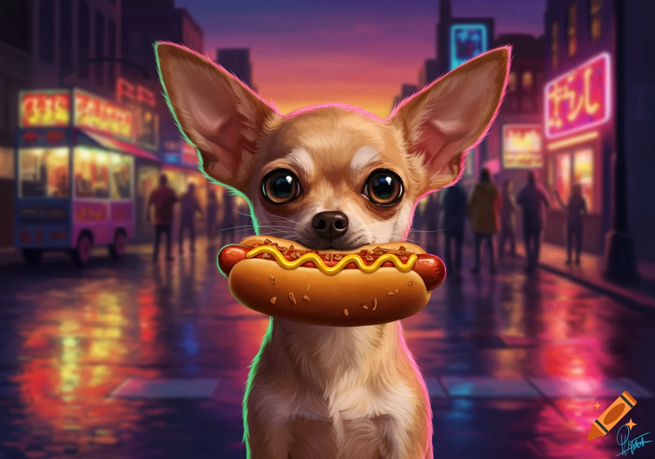 A cute chihuahua holding a hot dog in its mouth on a neon-lit city street at night, in a vibrant, stylized art style.