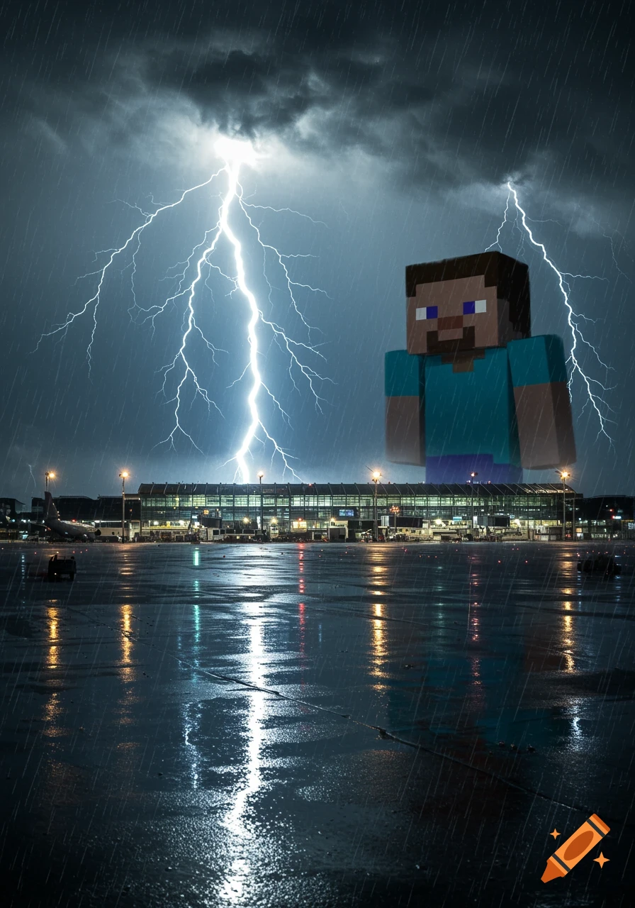 Giant Minecraft Steve looms over a rainy airport at night, illuminated by multiple lightning strikes.
