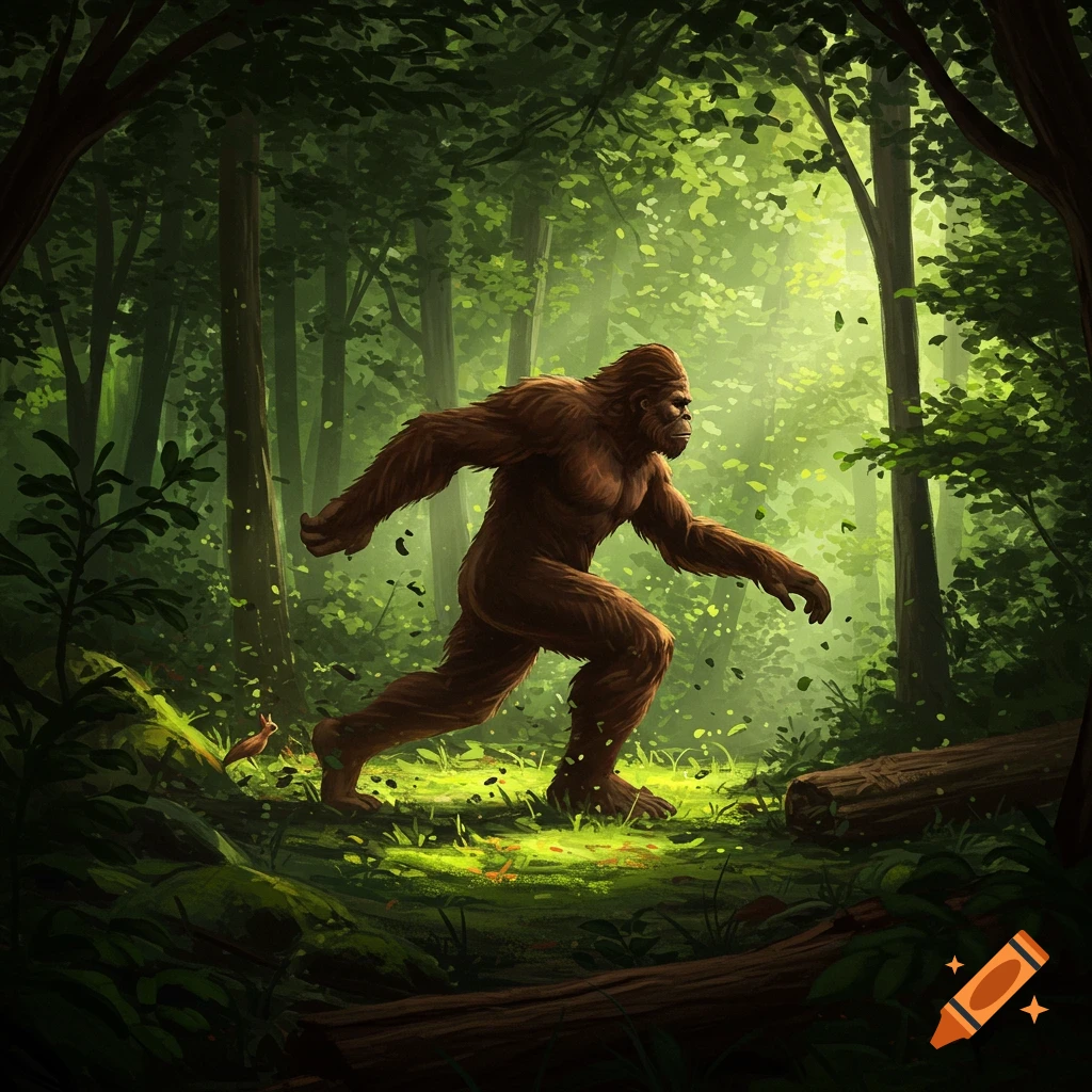 A large, brown, hairy Bigfoot creature strides through a brightly lit, green forest, depicted in a digital painting style.