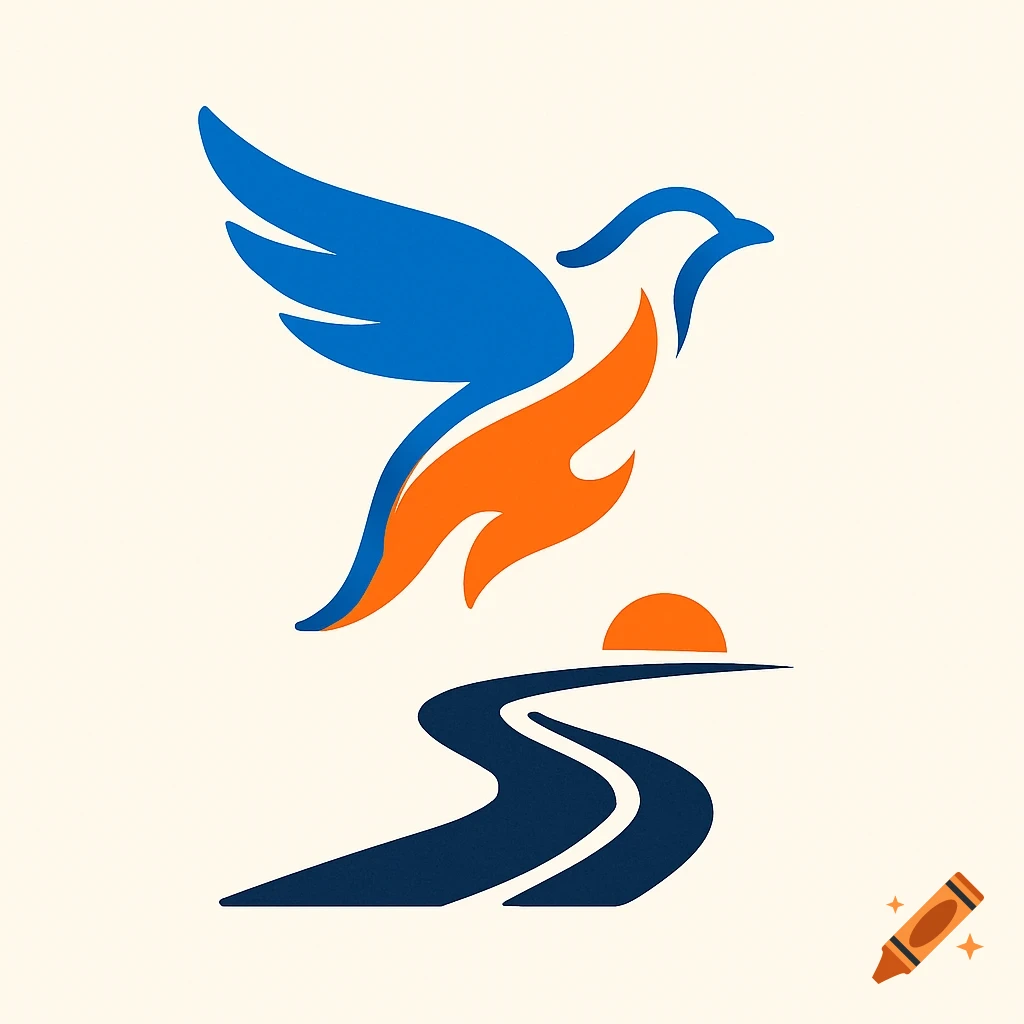 Stylized logo featuring a blue bird with an orange flame body, above a winding dark blue path and an orange sun.
