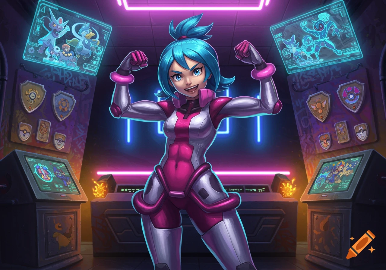 An anime-style female Pokémon champion with blue hair flexing her arms in a neon-lit gym with glowing screens and shields.