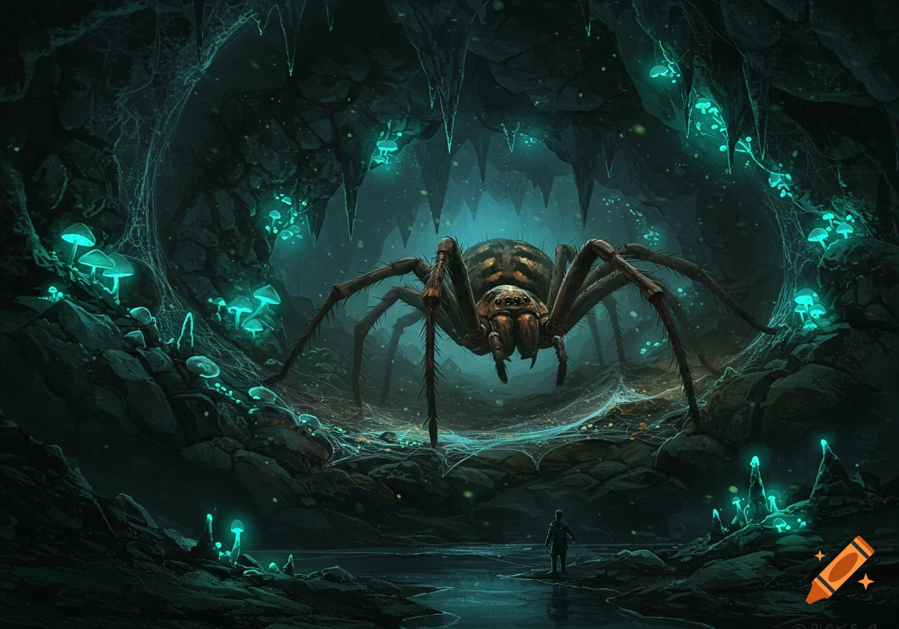 A giant spider stands menacingly in a dark, glowing cave, while a small figure looks on from below.