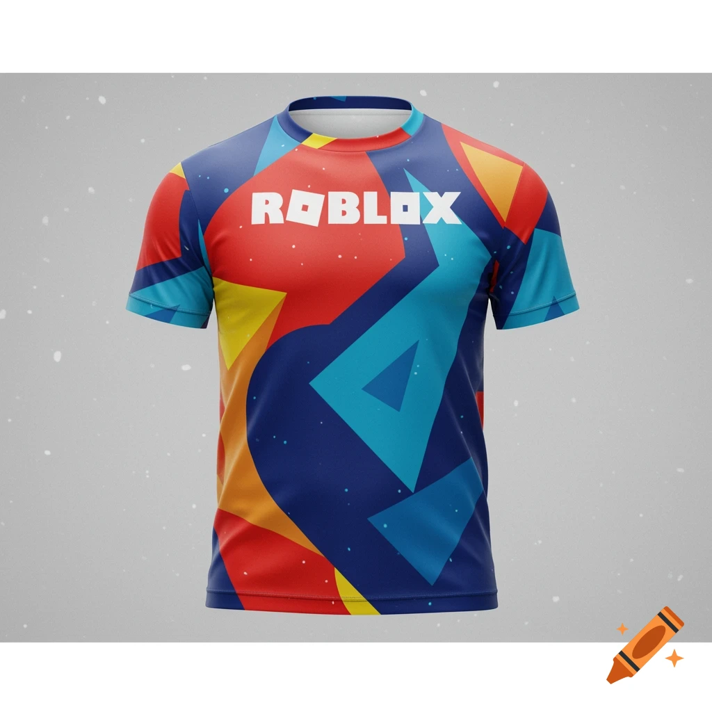 A colorful Roblox t-shirt featuring a vibrant pattern of red, blue, and yellow geometric shapes, with the white "ROBLOX" logo prominently displayed across the chest.