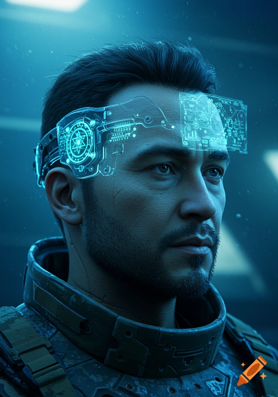 Close-up of a serious man with a beard wearing a futuristic holographic headset displaying glowing blue circuits and data.