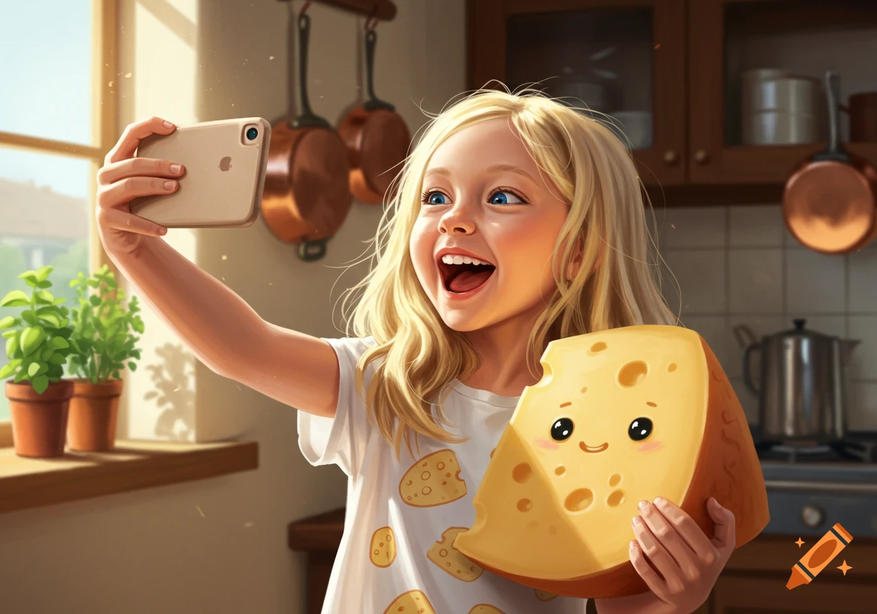 A happy blonde girl takes a selfie in a sunlit kitchen, holding up a cartoon-faced piece of cheese.