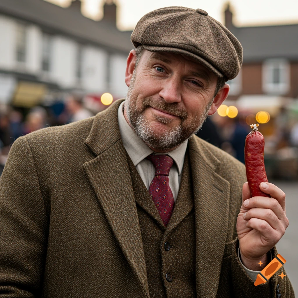 A photorealistic image of a smiling northern English man in a tweed suit and flat cap winking at the camera while holding a bright red saveloy sausage.