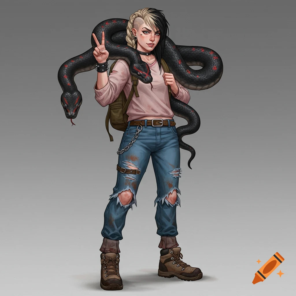 A stylized full-body portrait of a young woman with a mohawk and piercings making a peace sign, with a large black python draped over her shoulders.