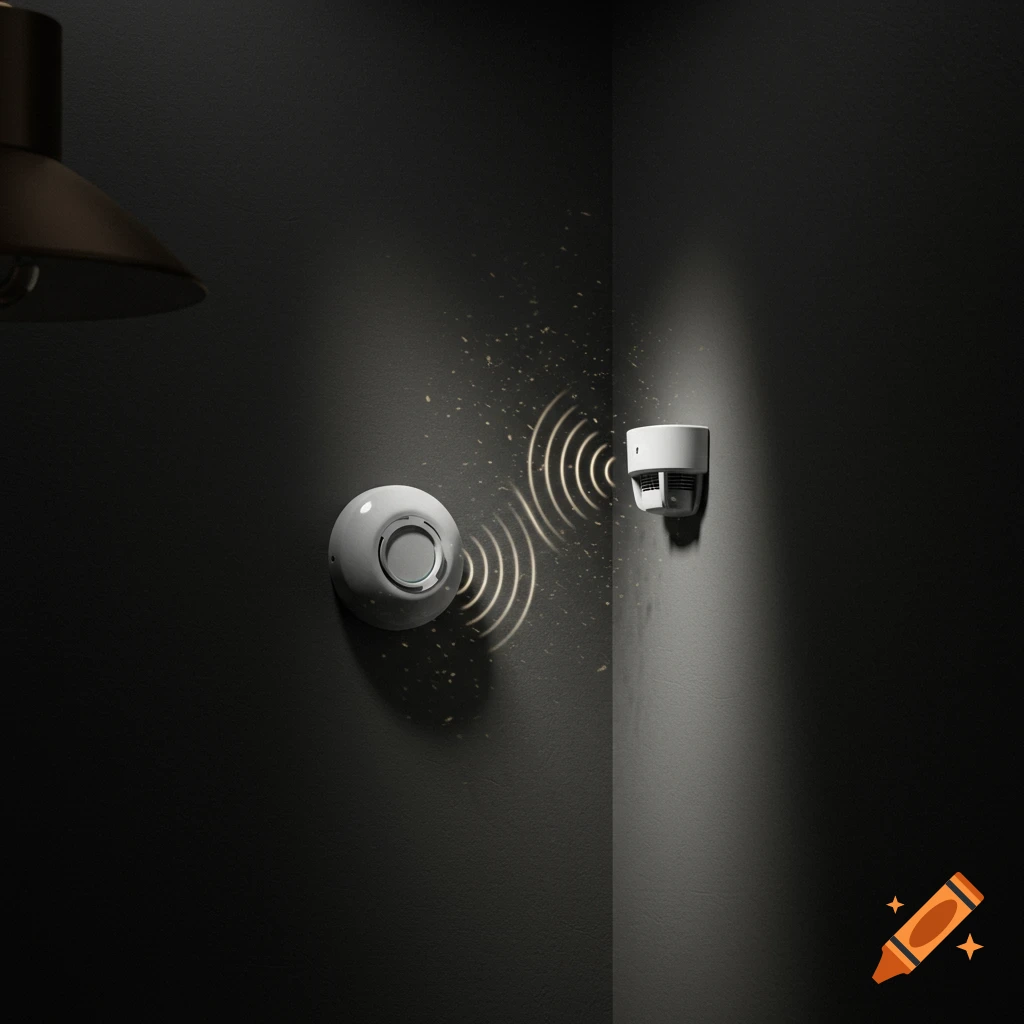 Two white smoke detectors on a dark corner wall, one emitting sound waves and particles in a dramatic, photorealistic style.