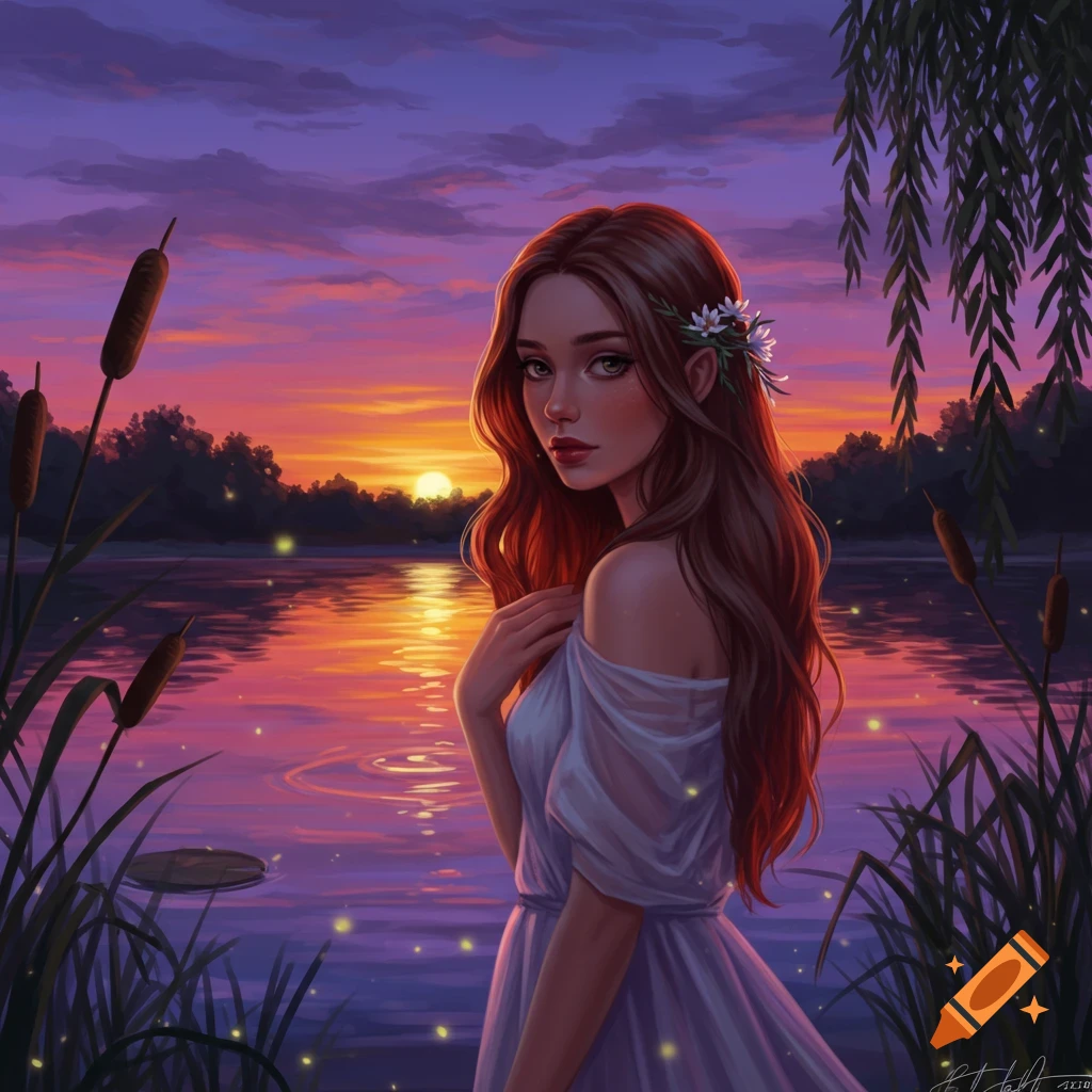 A digitally painted portrait of a girl with long hair and flowers, standing by a lake at sunset with fireflies and reeds.