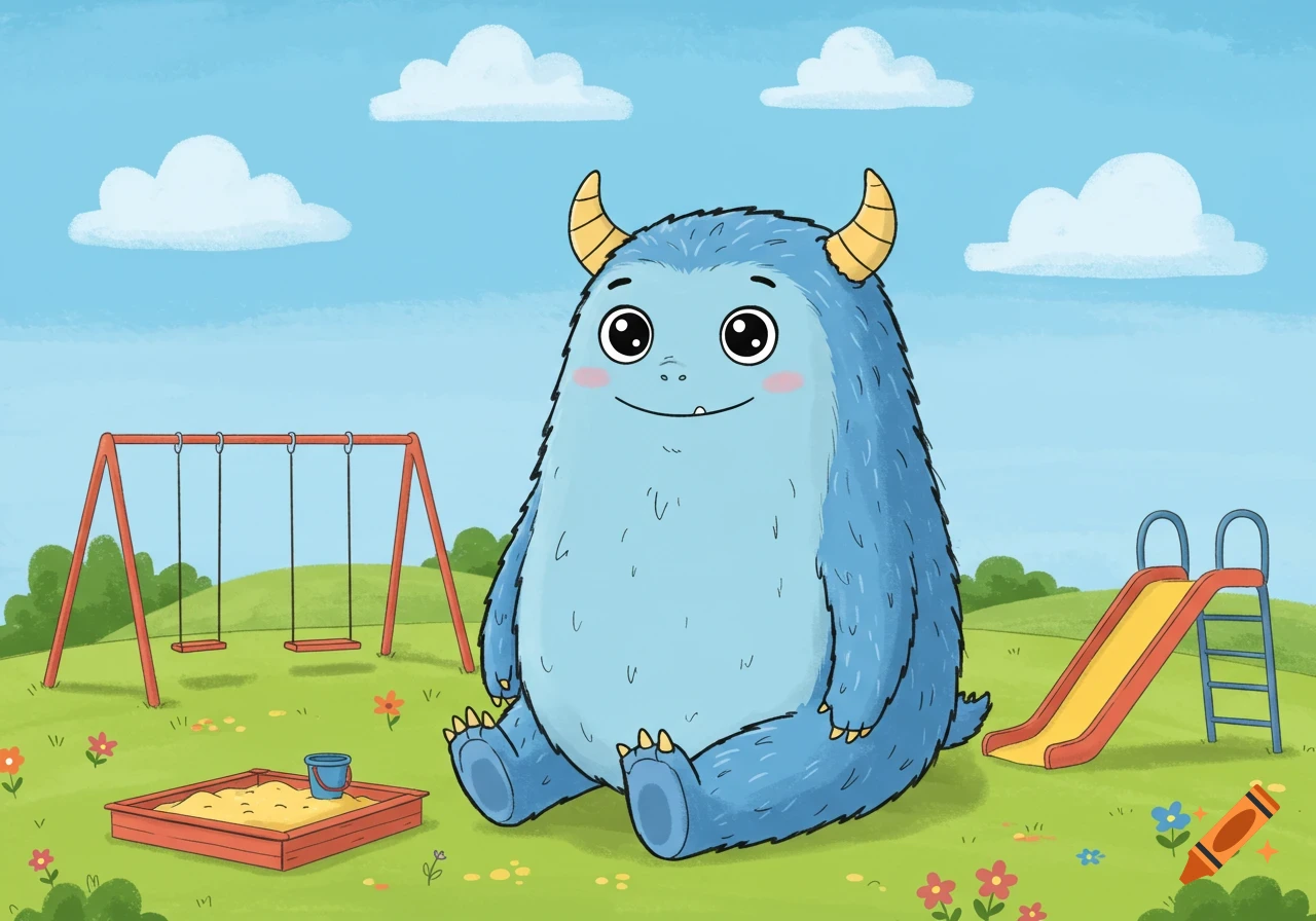A friendly, cute blue monster sits in a bright cartoon playground with swings and a slide.