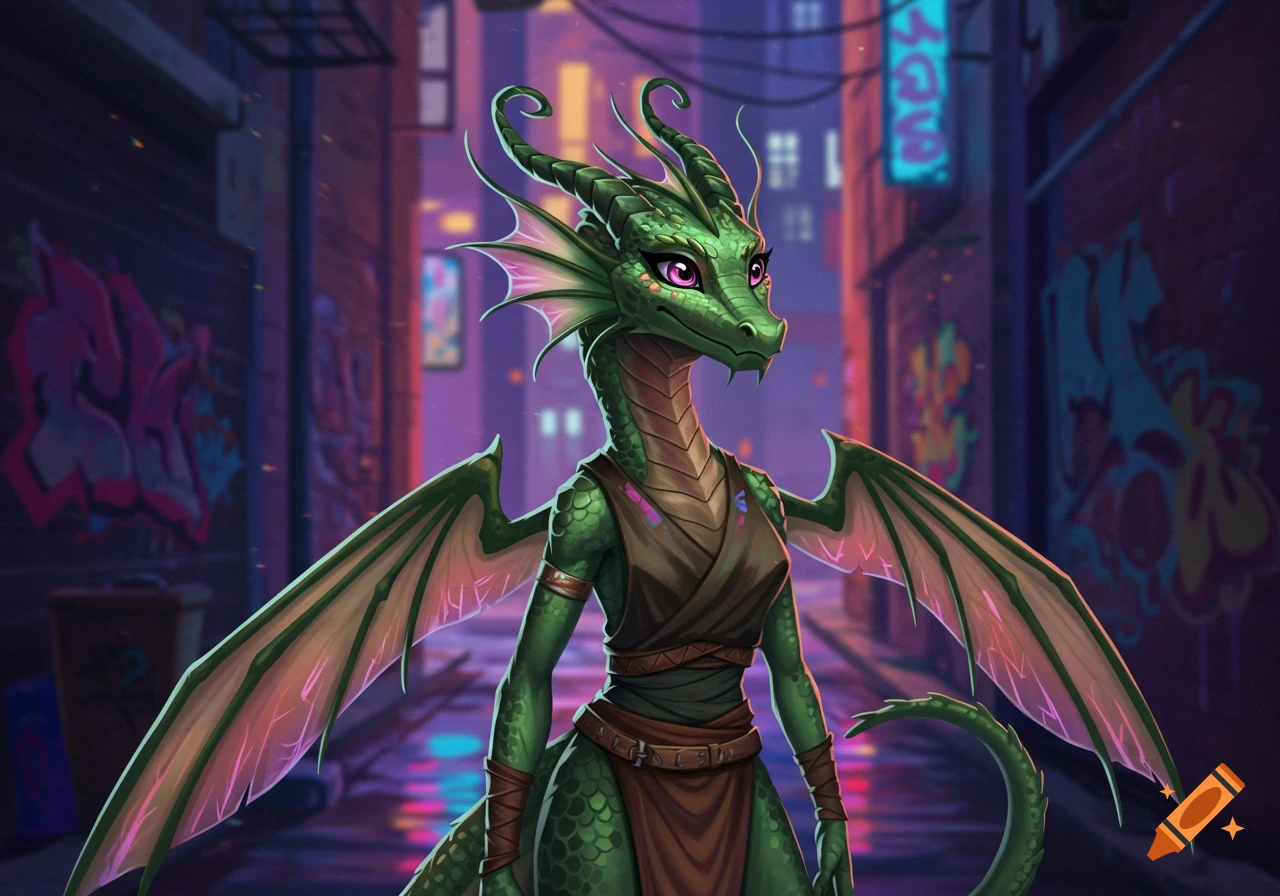 A stylized green dragon character with pink eyes and brown attire stands in a dark, neon-lit city alleyway with graffiti.