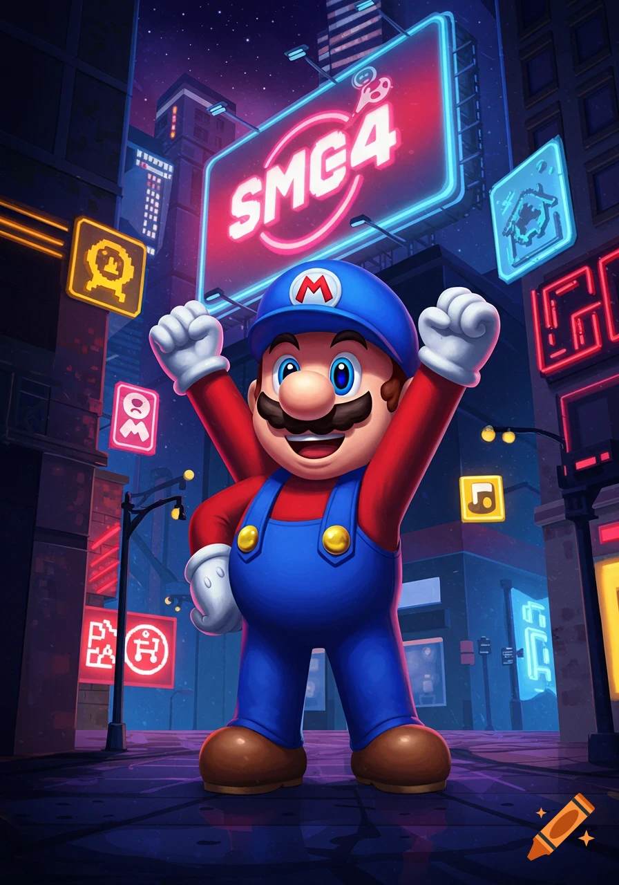 Mario raising his arms and winking on a neon-lit city street at night, with a large "SMG4" sign above him. Vibrant digital art style.
