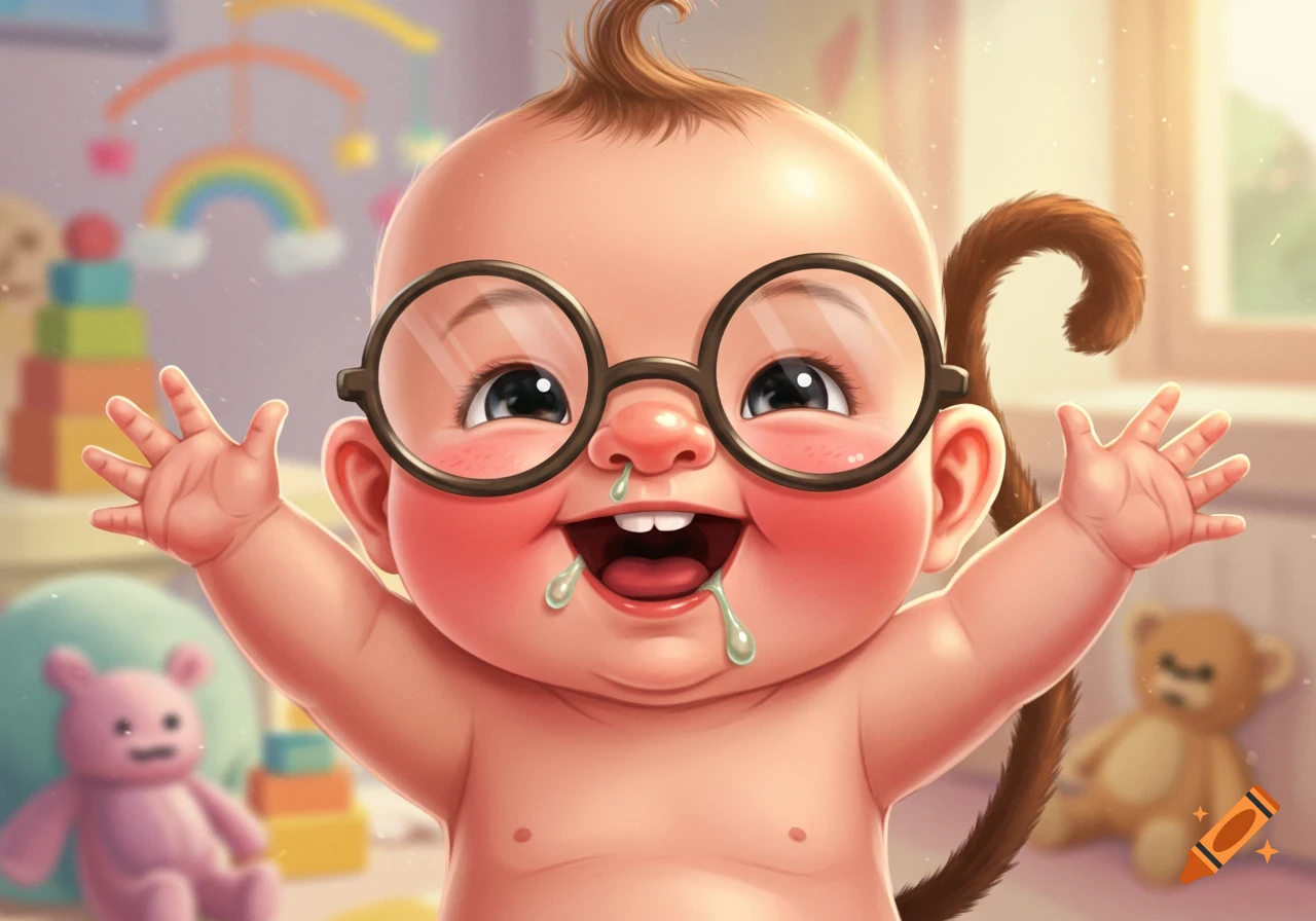 A cute, cartoon baby with large round glasses and a monkey tail, smiling happily with snot dripping from its nose in a bright nursery with toys.