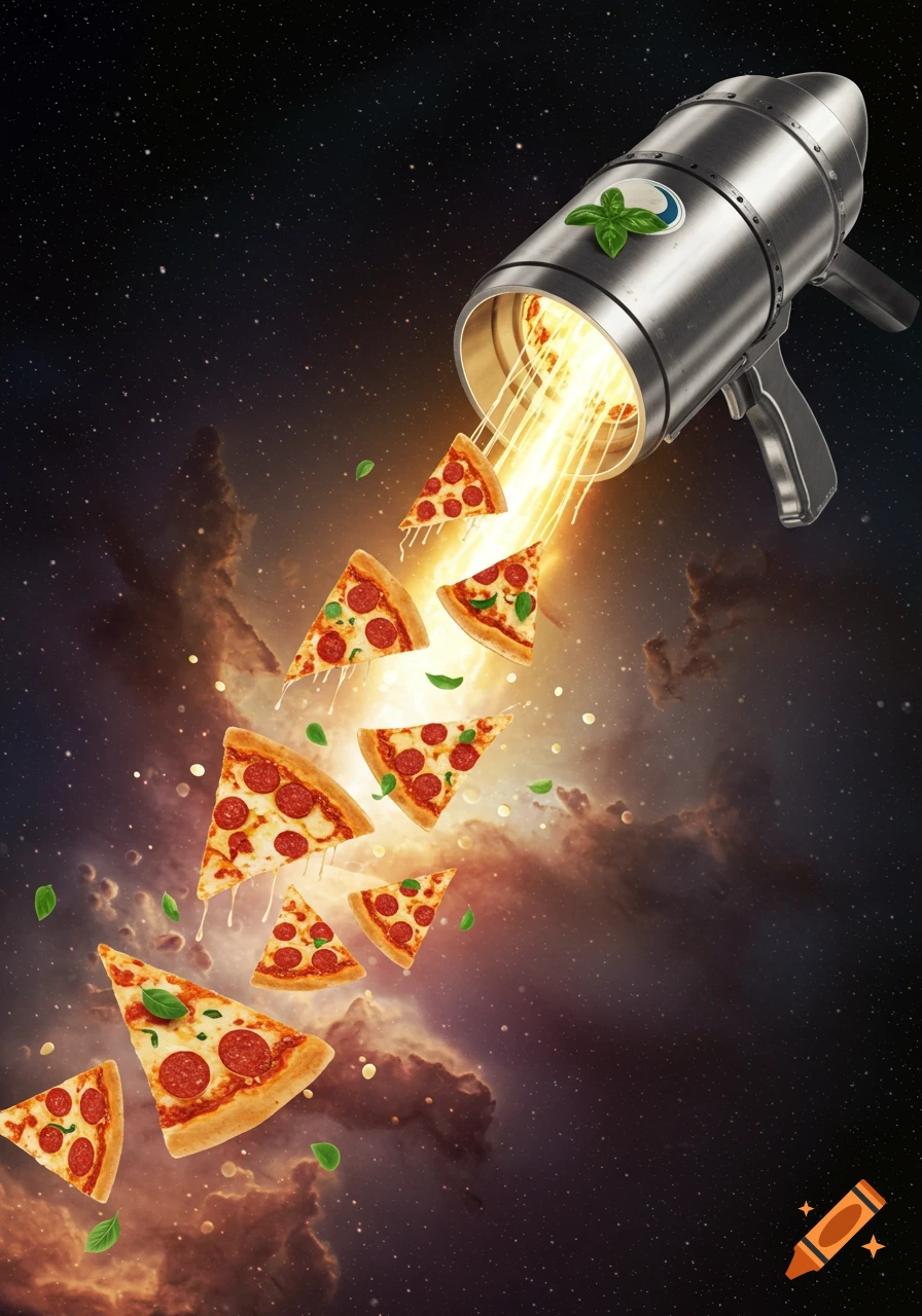 A metallic rocket launcher fires glowing streams of pepperoni pizza slices and basil leaves into a dark, starry space with colorful nebulas.
