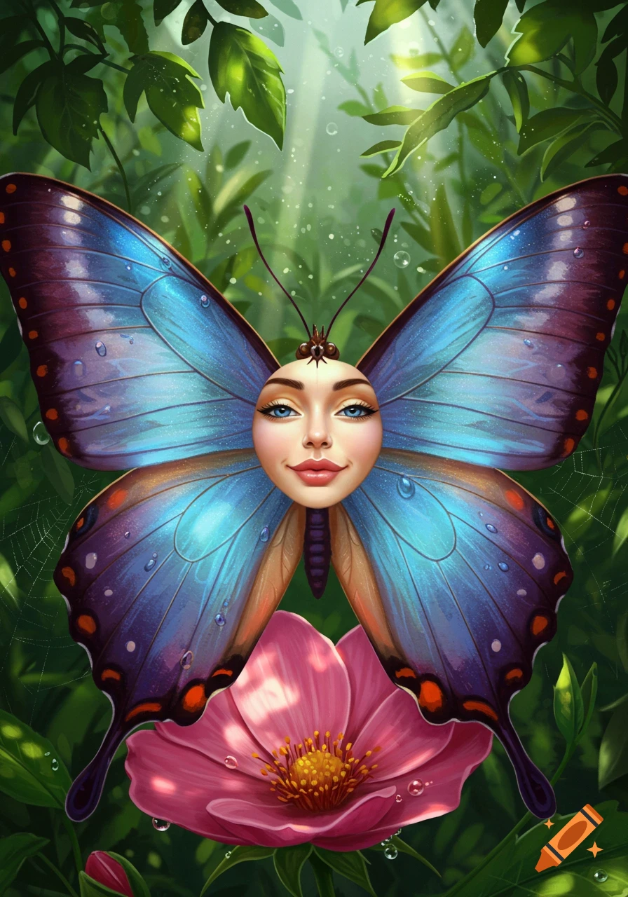 A vibrant blue and purple butterfly with a human face as its head rests on a pink flower in a lush green forest, detailed fantasy art.