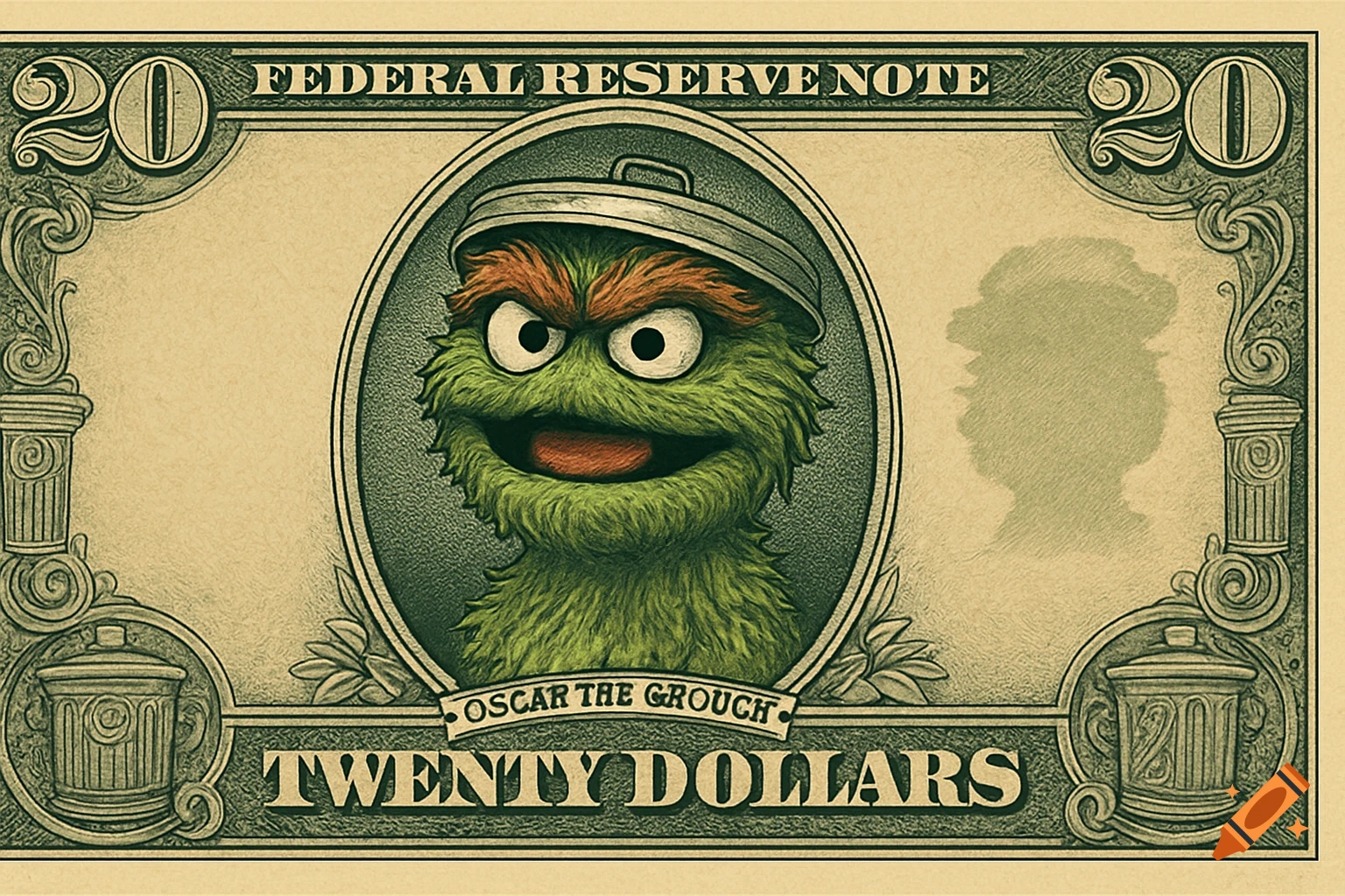 Oscar the Grouch's head on a green-tinted $20 bill, mimicking an engraved portrait.