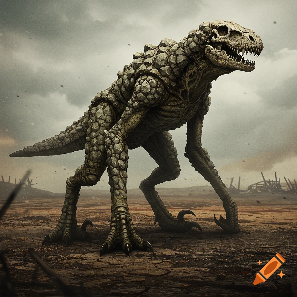 A colossal, reptilian creature made of jagged rocks stands in a desolate, stormy wasteland under a cloudy sky.