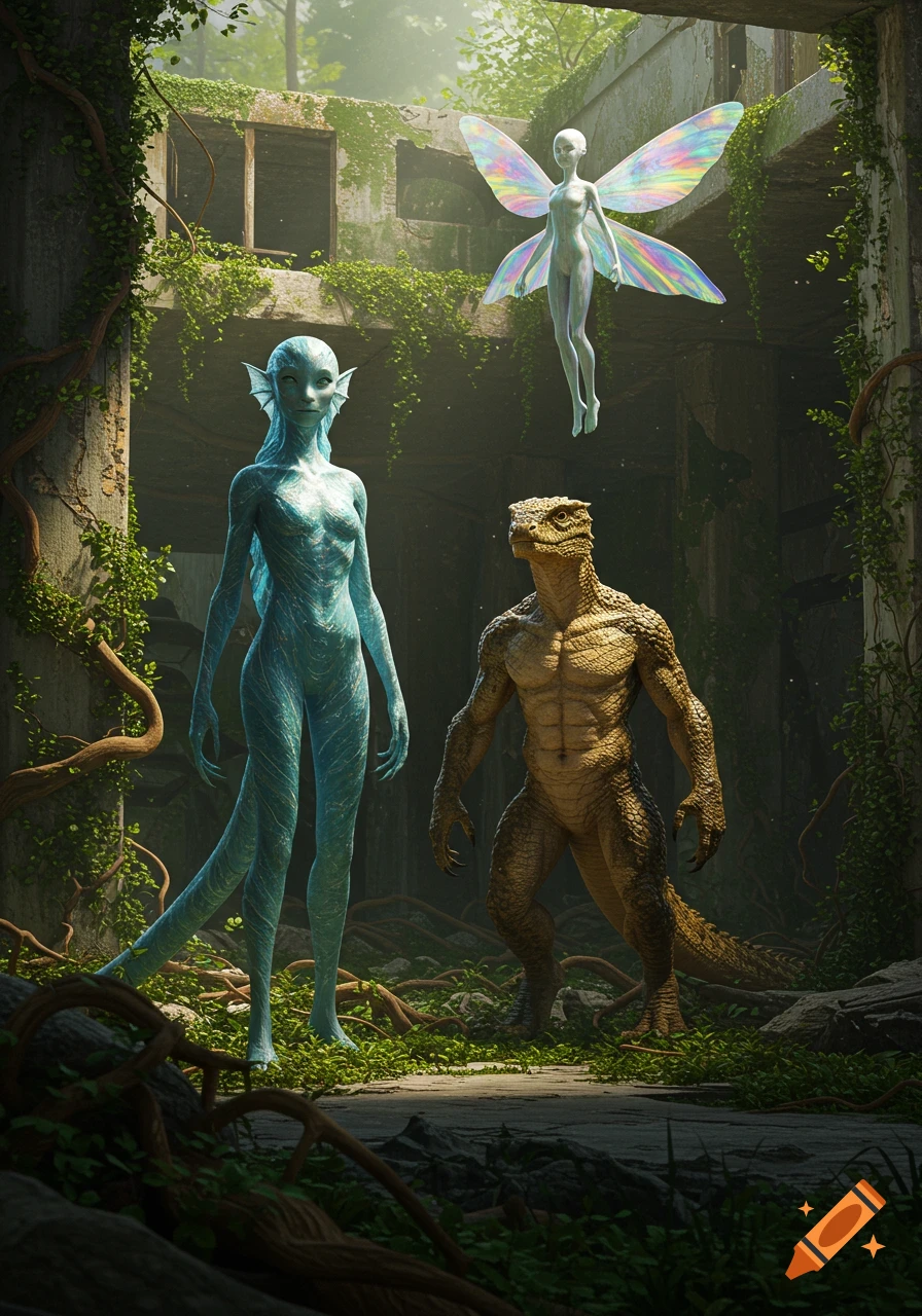 Three fantasy creatures, an aquatic human-like being, a bipedal lizard, and a flying fairy, in overgrown ruins.