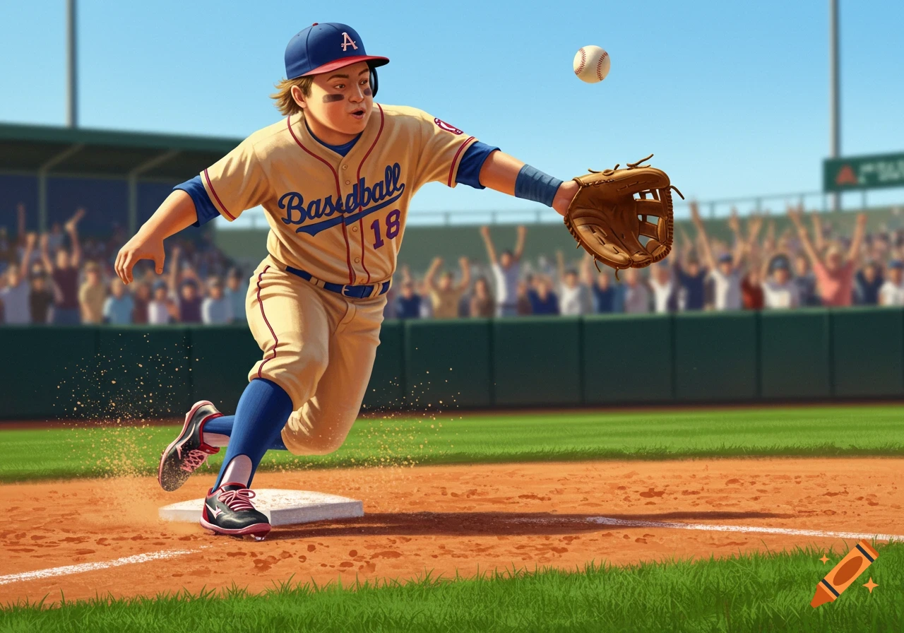 Boy baseball player lunges to catch a ball on a sunny field with a stadium in the background, stylized illustration.