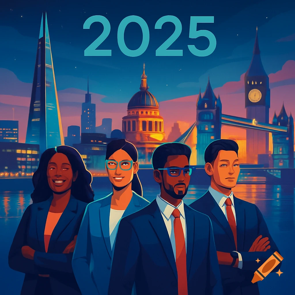 An illustrative graphic of four diverse business professionals standing in front of iconic London landmarks at dusk, with the year 2025 above them.
