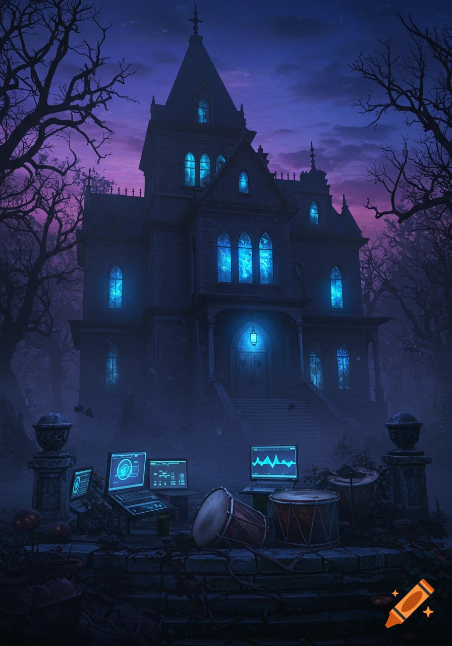 A dark, spooky haunted house with glowing blue windows, surrounded by eerie trees and fog under a purple sky. Computers and drums sit on a stone wall in the foreground.