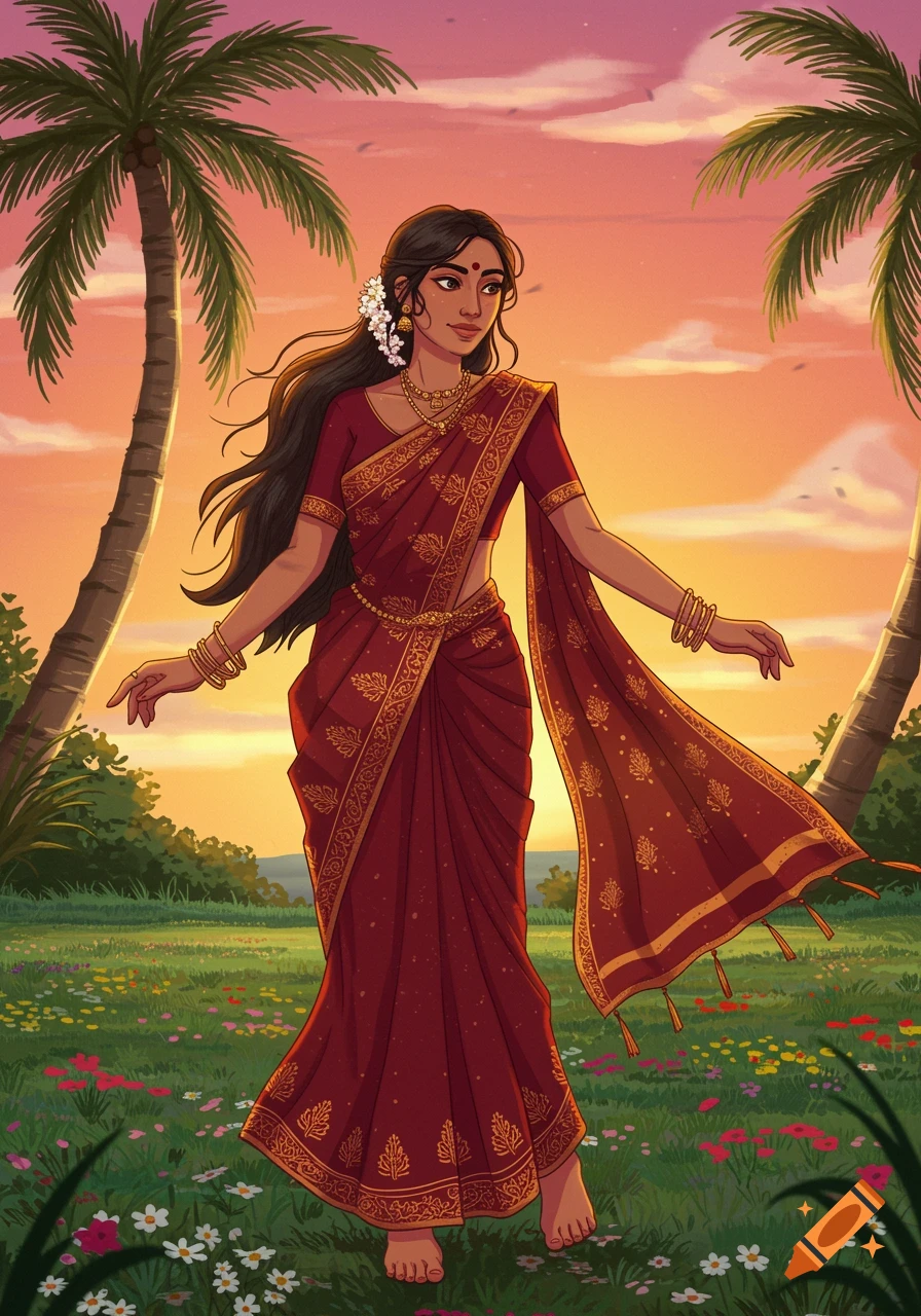 Illustrated Indian woman in a red saree standing barefoot in a flowery field with palm trees at sunset.