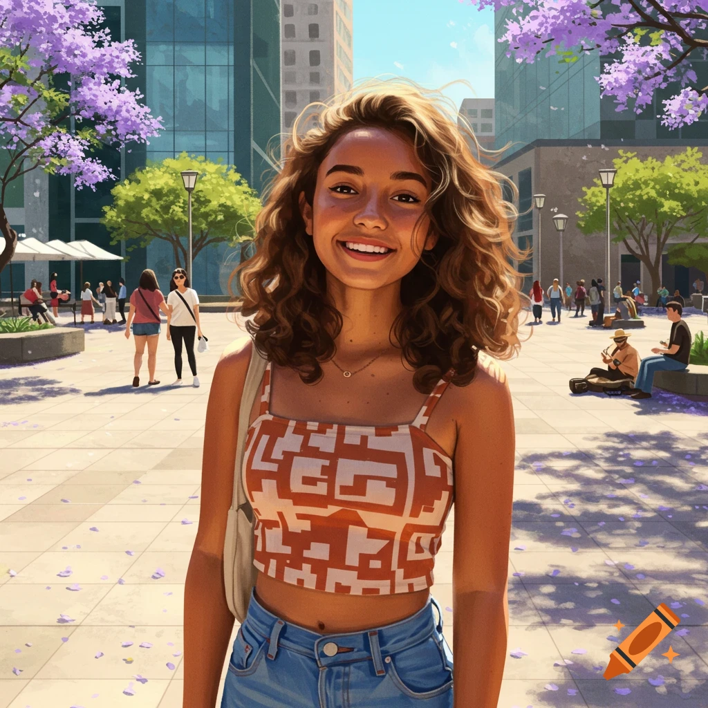 A smiling young woman with curly hair wearing a crop top and jeans stands in a sunny urban plaza with purple flowering trees.
