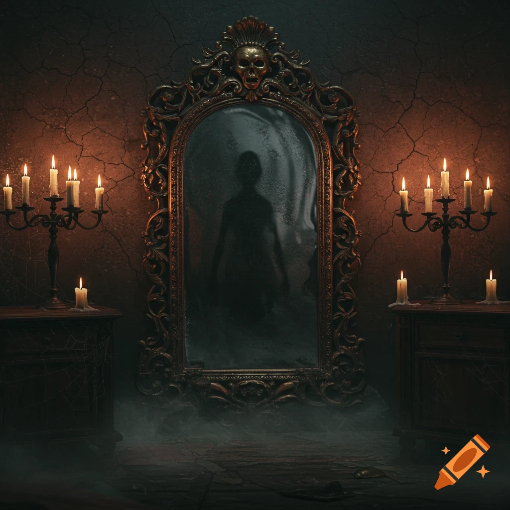 An ornate gold mirror with a skull at the top reflects a shadowy figure in a dark, cracked room. Lit candles flank the mirror.