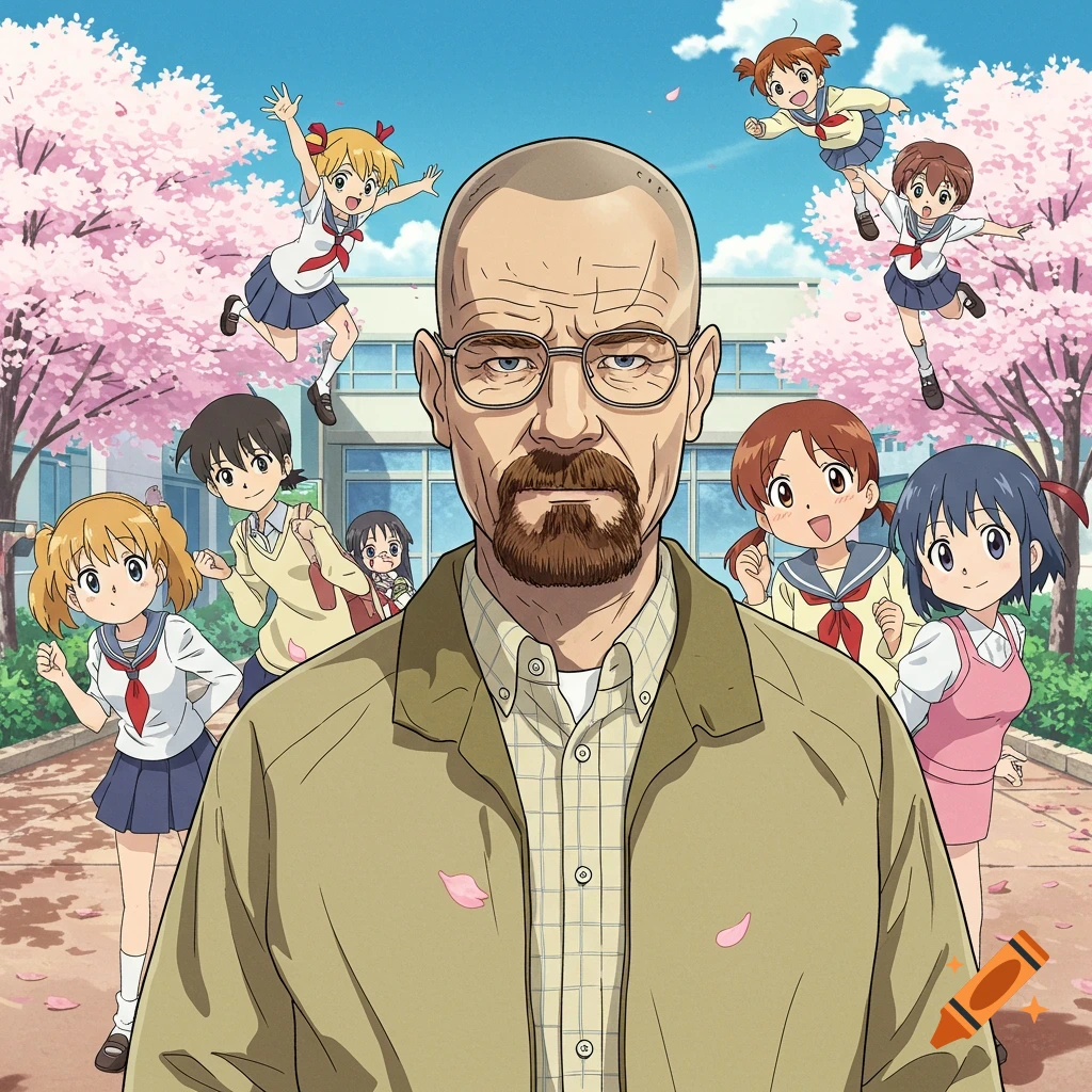 Walter White in an anime art style stands in front of a school with several anime schoolgirls and cherry blossom trees.