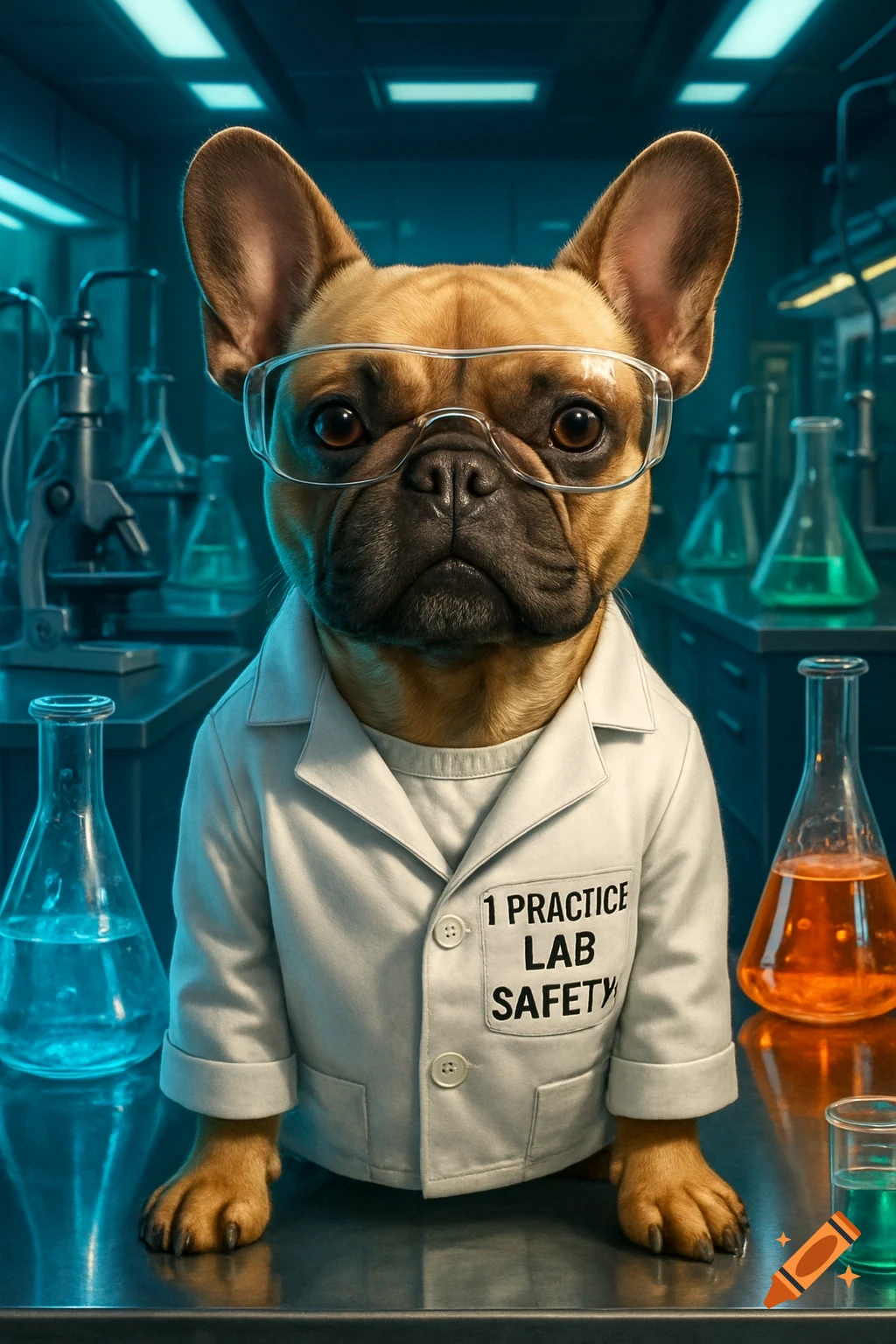 A photorealistic tan French bulldog wearing a white lab coat and safety glasses, standing in a dimly lit laboratory with beakers.