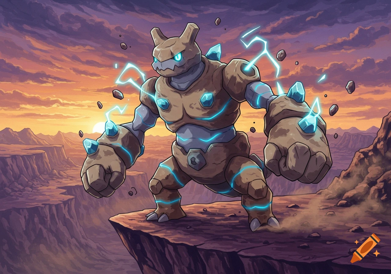A brown, rock-like creature with glowing blue eyes and accents stands on a cliff edge with lightning surrounding it, under an orange and purple sunset sky.