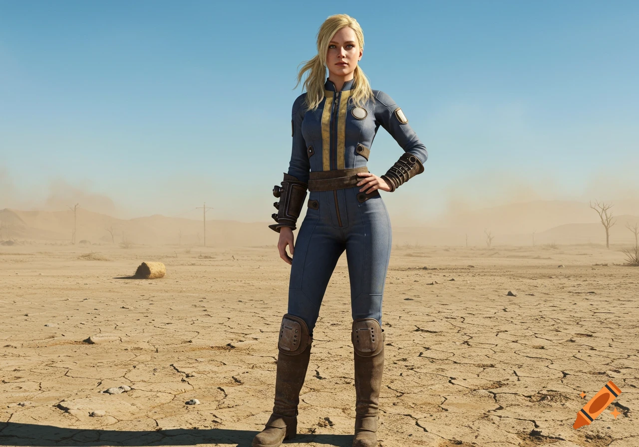 A photorealistic image of a blonde female Vault Dweller in a blue and yellow jumpsuit, standing in a cracked desert wasteland.