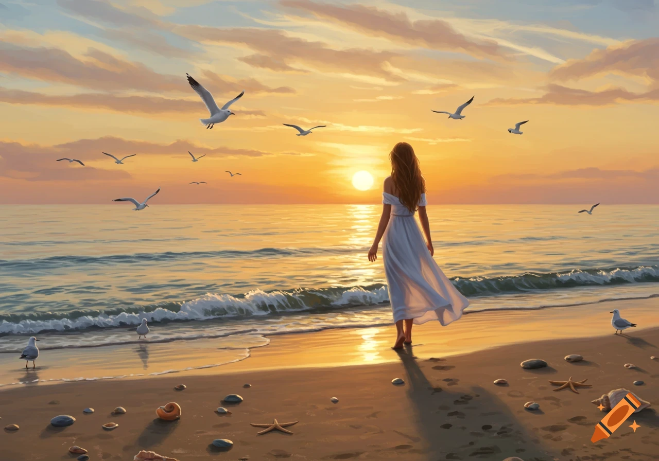 A woman in a white dress stands on a beach, gazing at a vibrant orange sunset over the ocean with seagulls flying.
