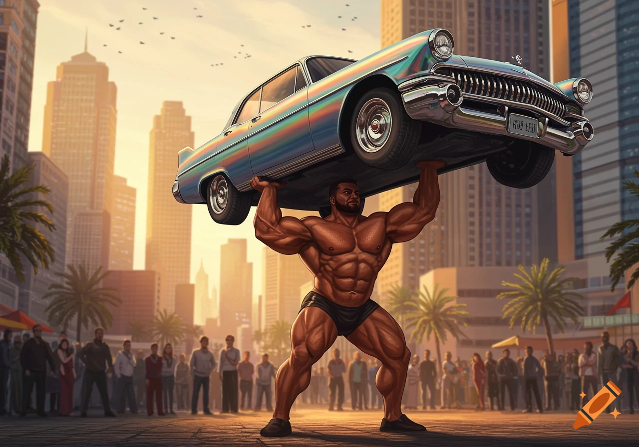A muscular man lifts a vintage car above his head in a city street, with onlookers in the background at sunset.