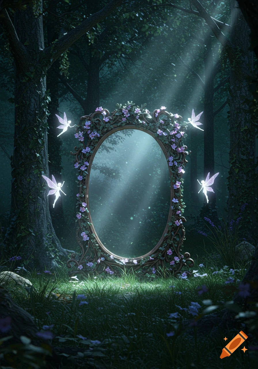 An ornate, flower-decorated mirror stands in a lush, moonlit forest with rays of light shining through the trees, surrounded by glowing fairies.