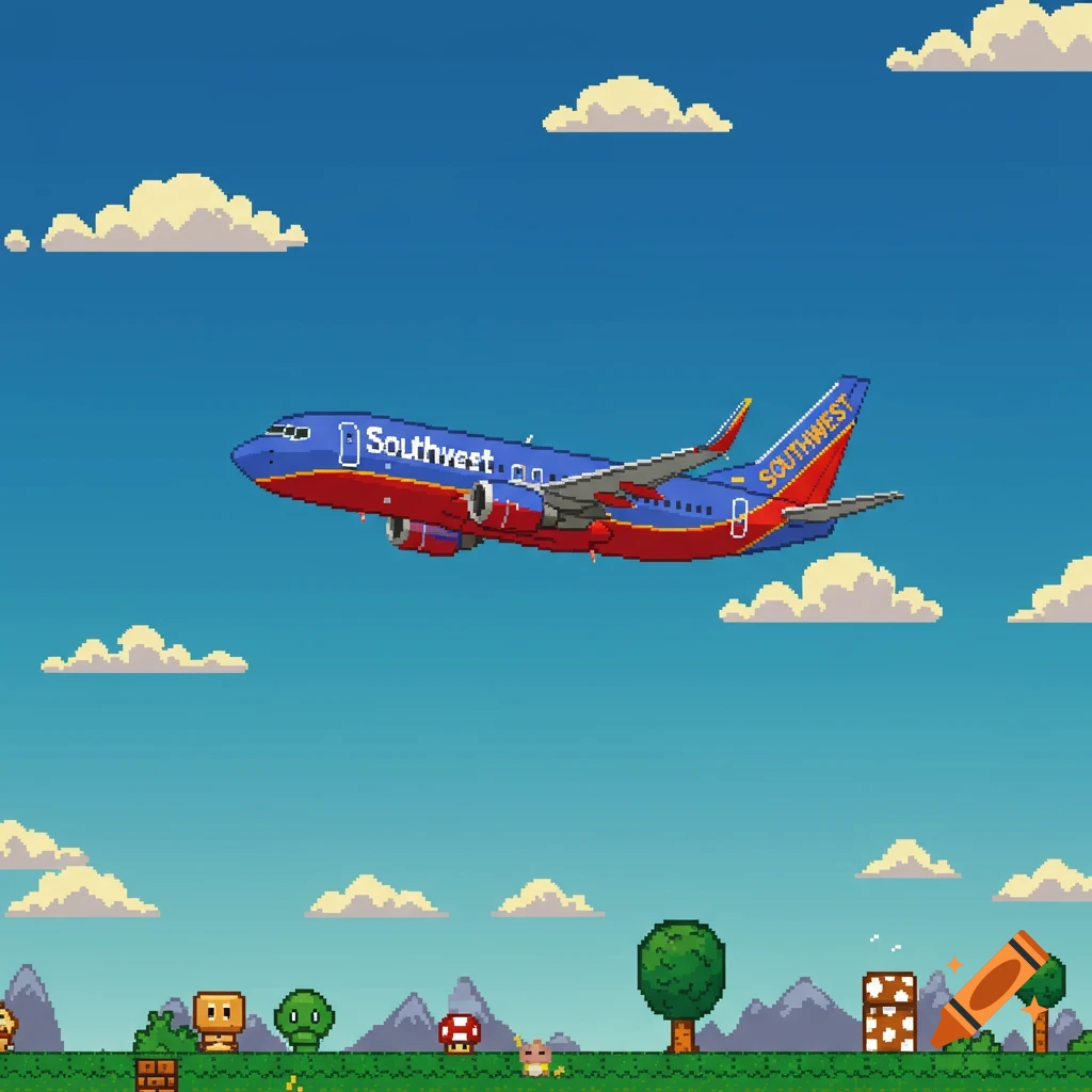 A pixel art Southwest Airlines 737 plane flying over a Super Mario World-style landscape with clouds, mountains, and trees.
