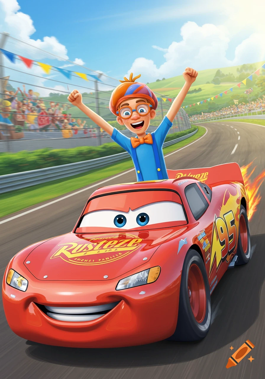 A smiling cartoon boy resembling Blippi cheers from a red race car resembling Lightning McQueen on a track.