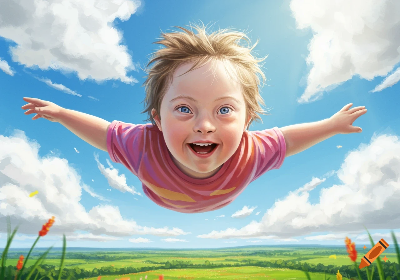 A happy child with Down Syndrome flies through a bright blue sky above a green landscape, arms outstretched.
