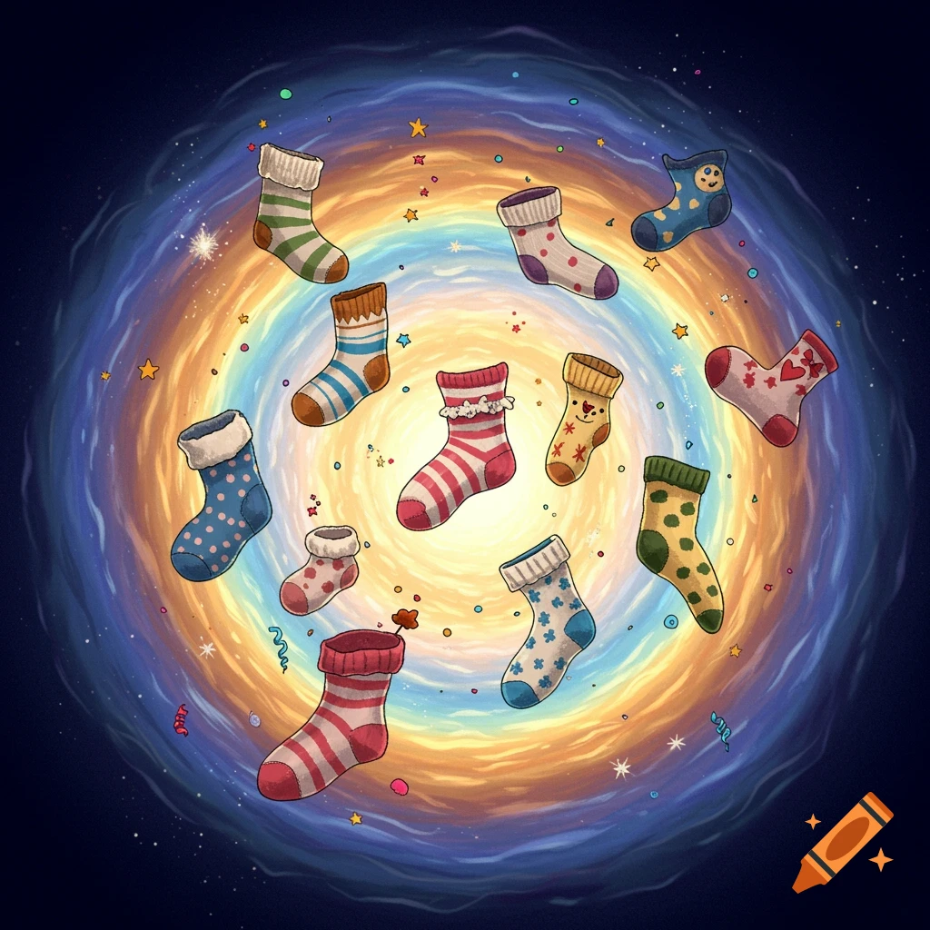 Whimsical, colorful socks with various patterns playfully floating in a vibrant, swirling galaxy.