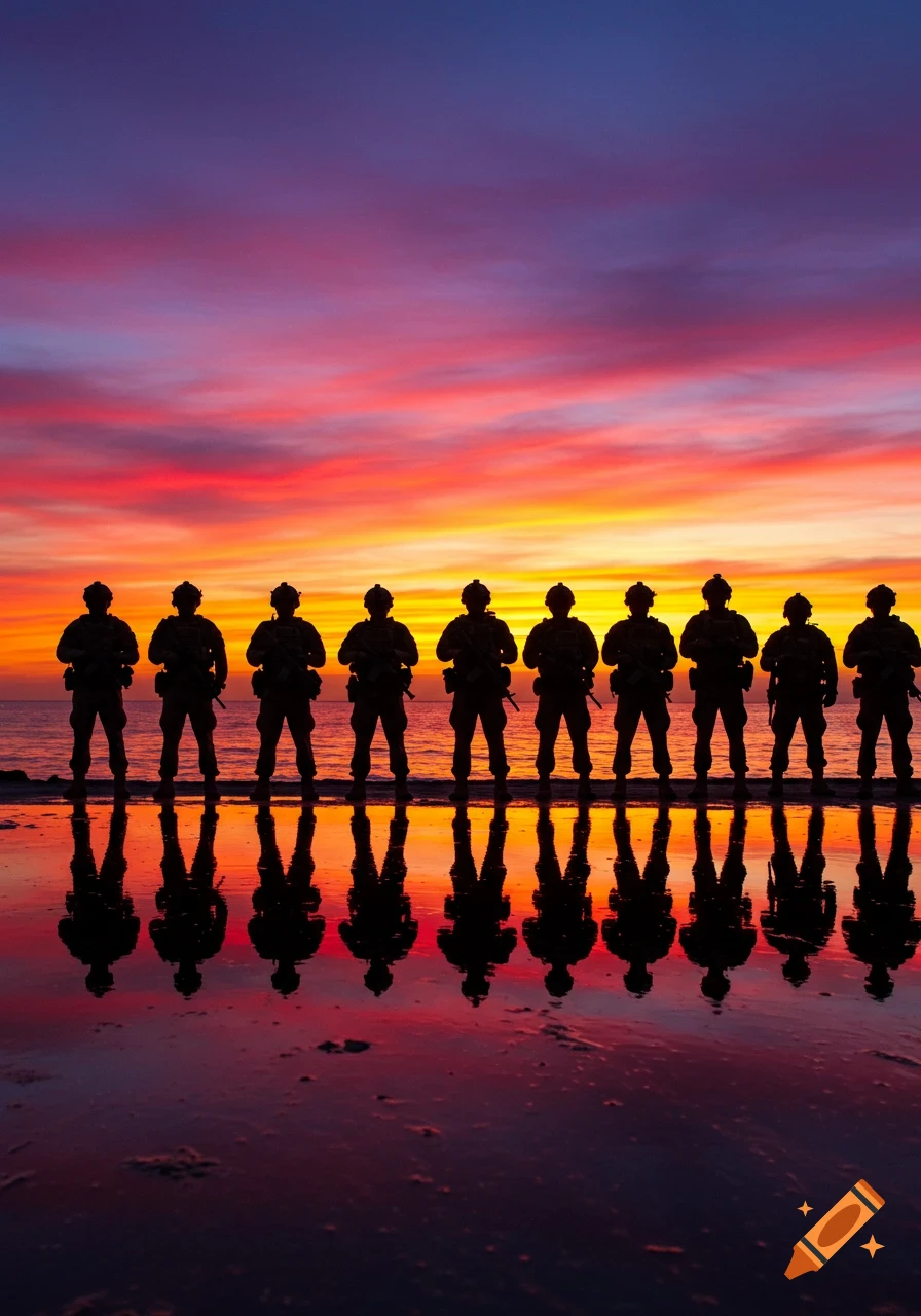 Silhouettes of soldiers standing in a line on a beach against a vibrant sunset over the ocean.