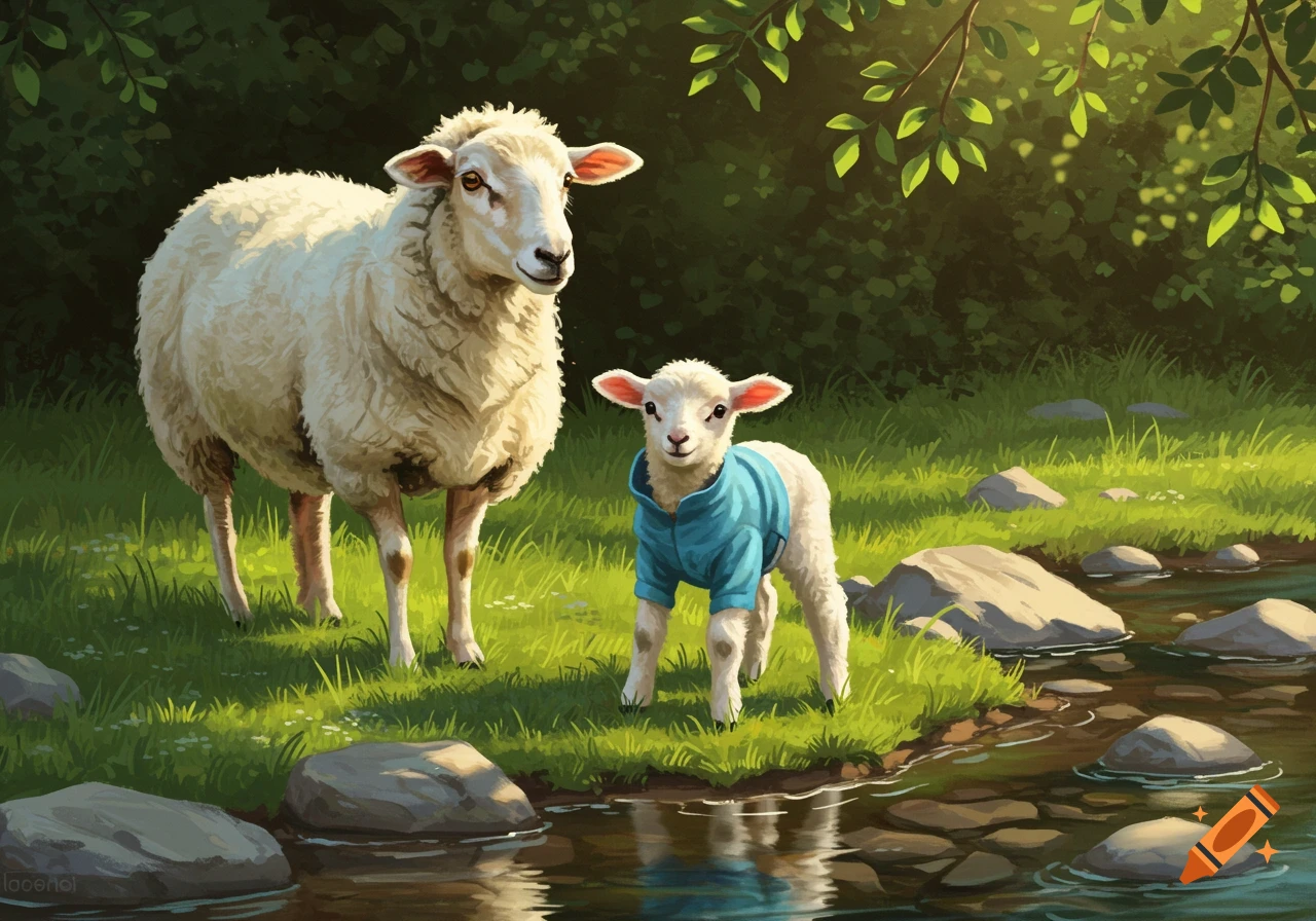 An adult sheep stands beside a lamb in a blue jacket near a river, surrounded by green grass and trees in a stylized illustration.
