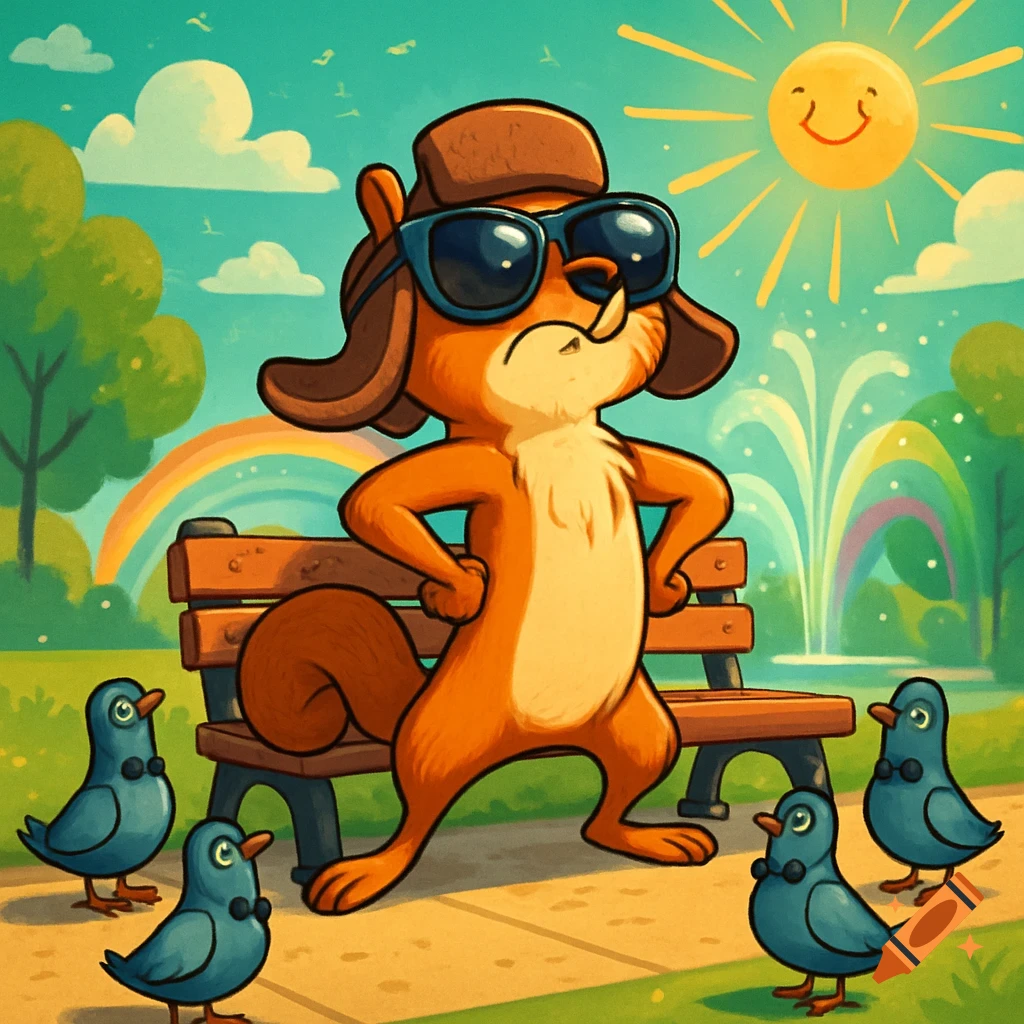 A confident cartoon squirrel wearing sunglasses stands in a park with birds, a bench, a rainbow, a fountain, and a smiling sun.