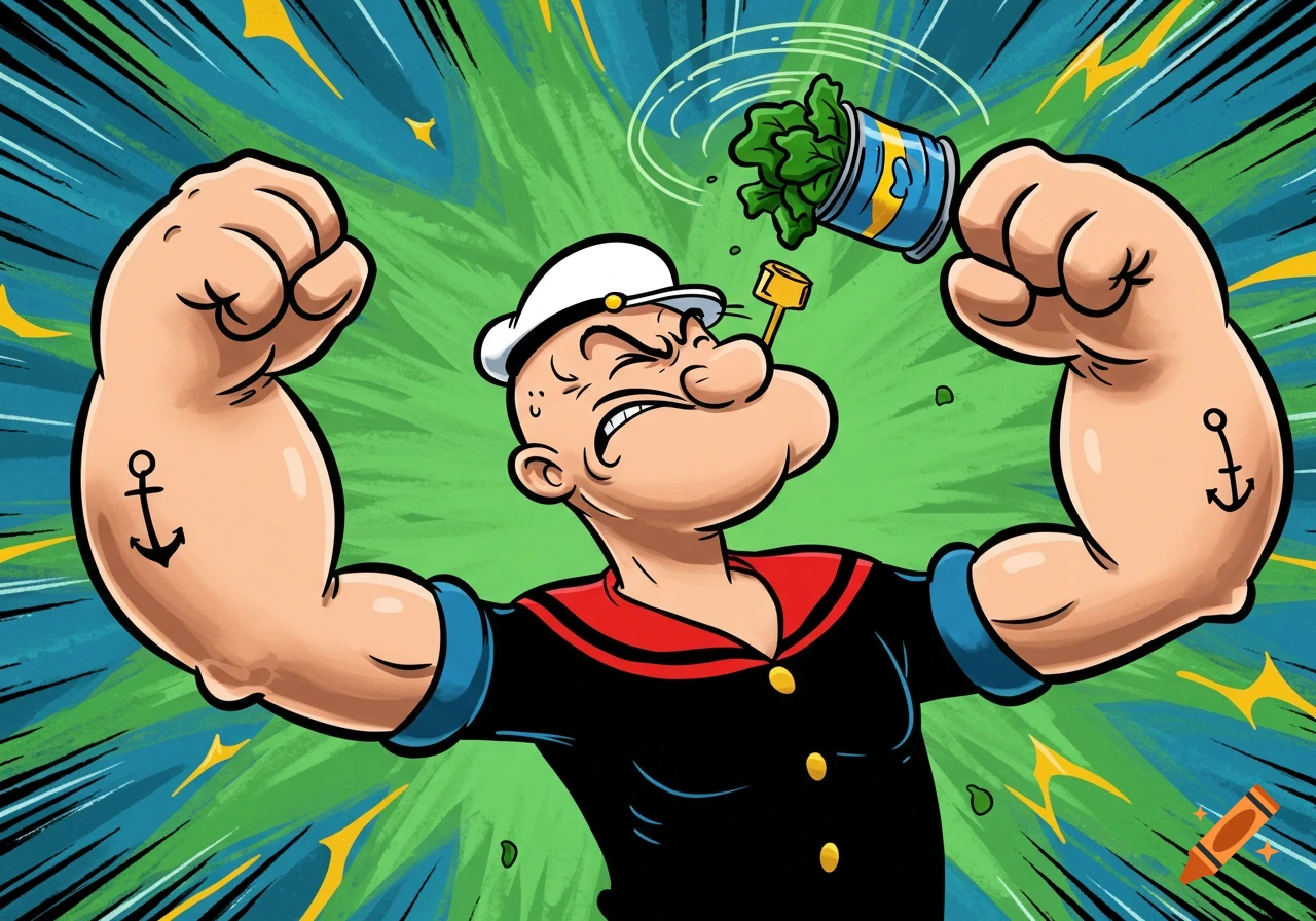 Popeye flexing muscles and eating spinach from a can in a vibrant cartoon style.