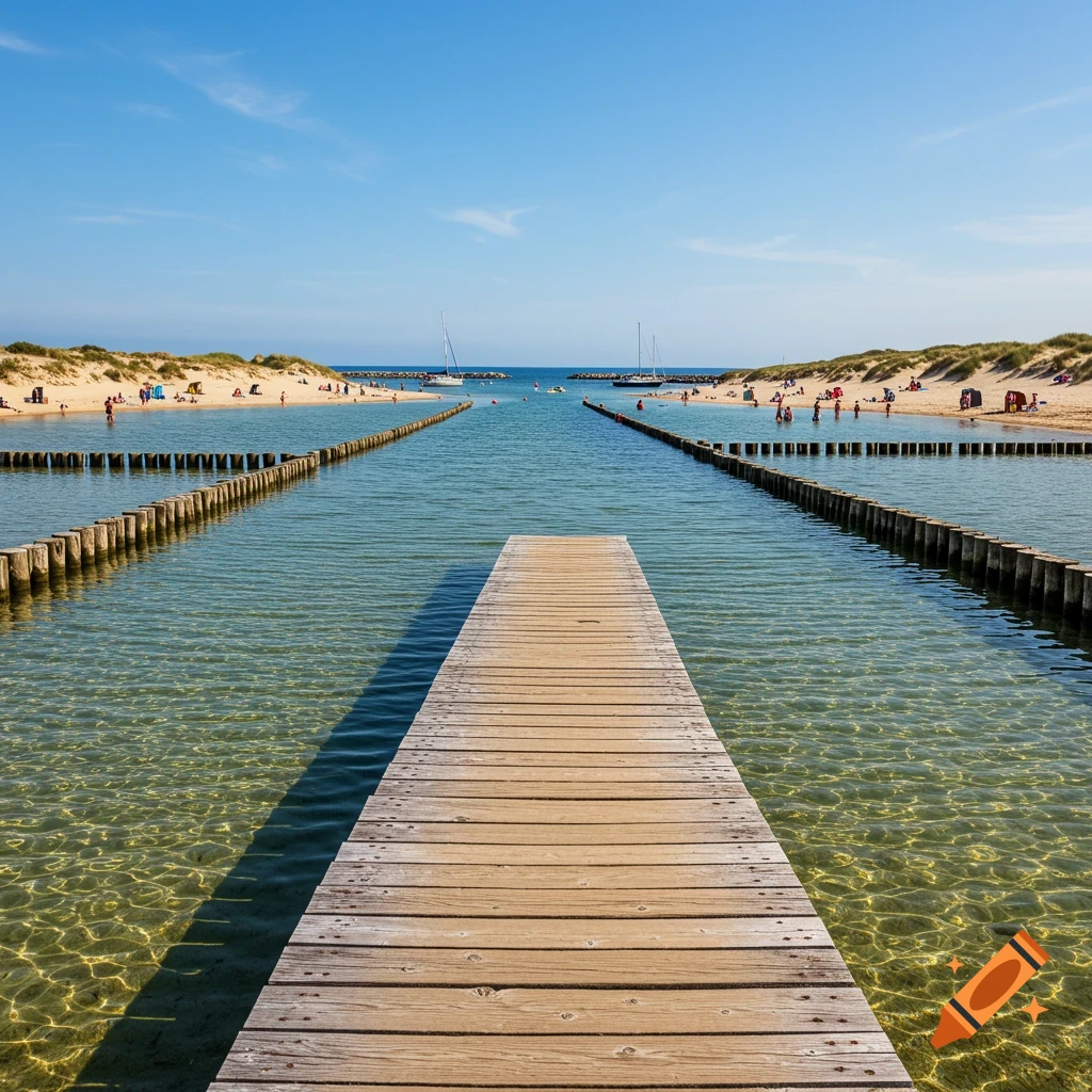 A wooden pier extends into clear water at a sunny beach with sand dunes and jetties, where people relax on the shore.