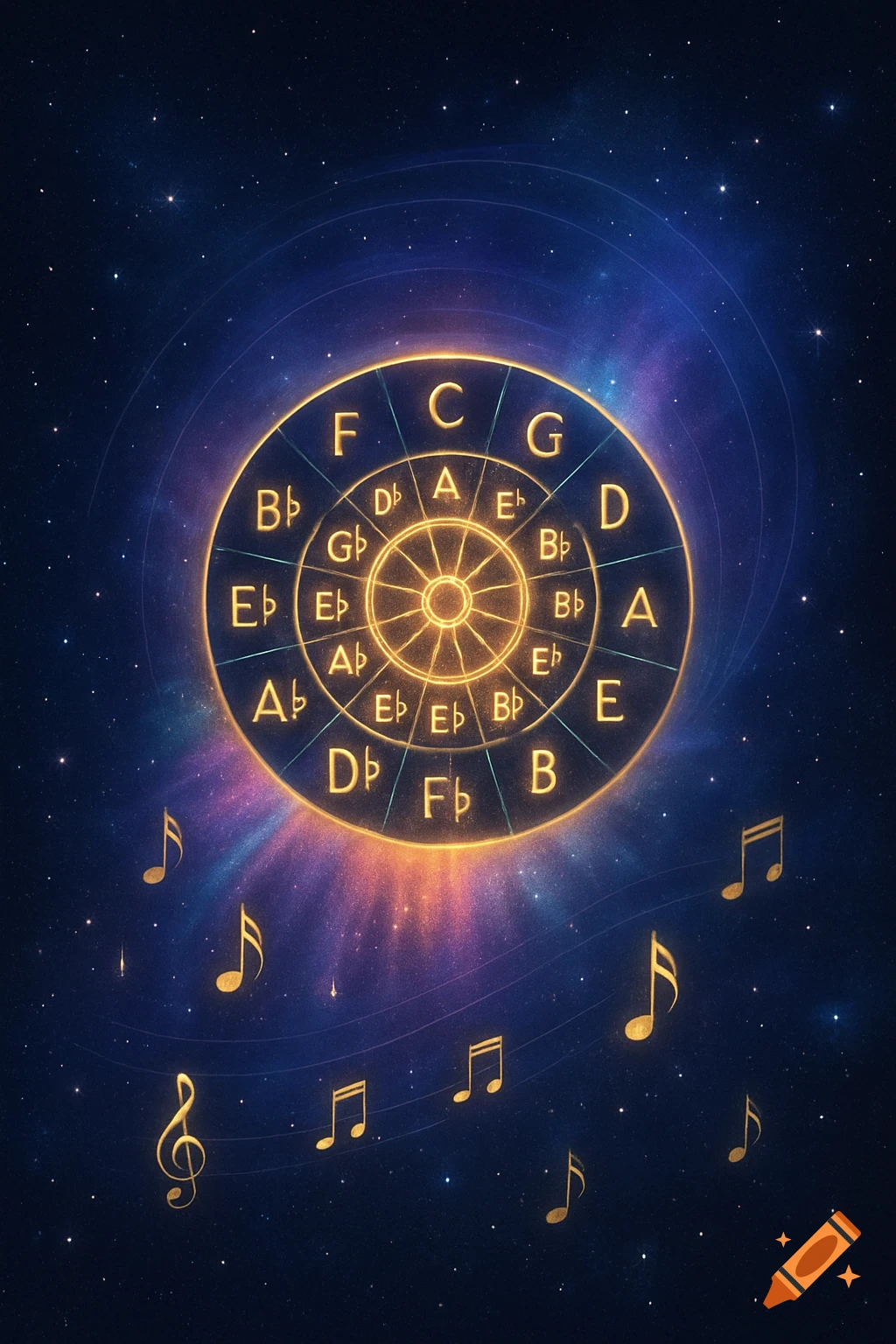 A glowing golden circle of fifths with musical notes and key signatures, set against a dark blue starry cosmic background with shimmering light trails and floating musical symbols.