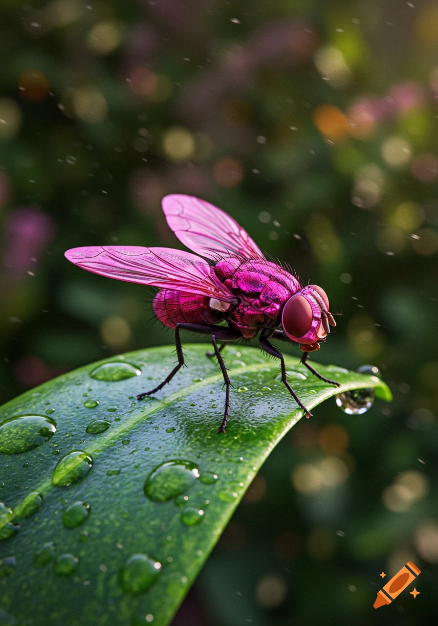 A hot pink fly perched on a green leaf covered in water droplets.