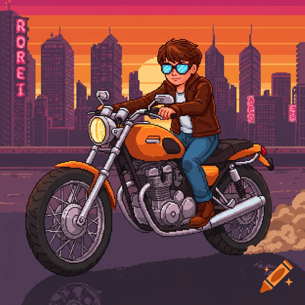 Pixel art of a boy in a brown jacket and blue jeans riding an orange motorcycle in a city at sunset.